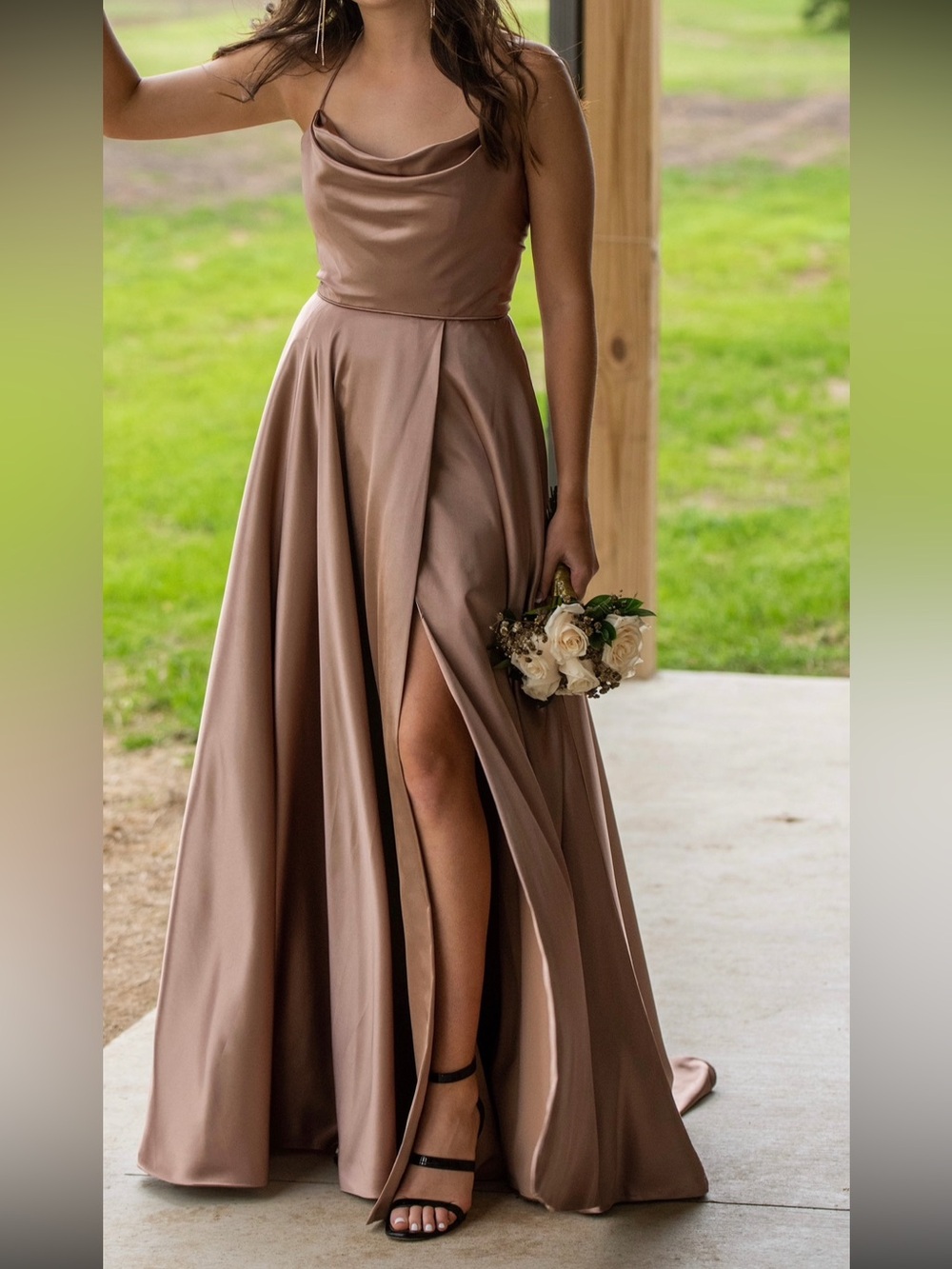 Sherri Hill Satin Cowl Neck Slit Evening Dress in Dusty Rose